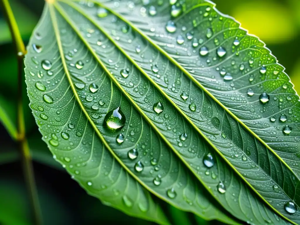 Una hoja verde exuberante cubierta de gotas de agua, reflejando la luz del sol