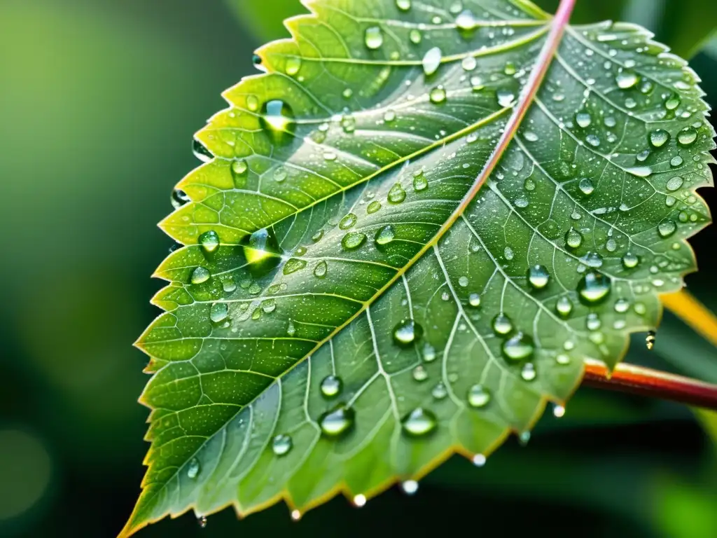 Una hoja verde vibrante cubierta de diminutas gotas de agua, con luz solar filtrándose a través de las gotas para crear un efecto etéreo y brillante