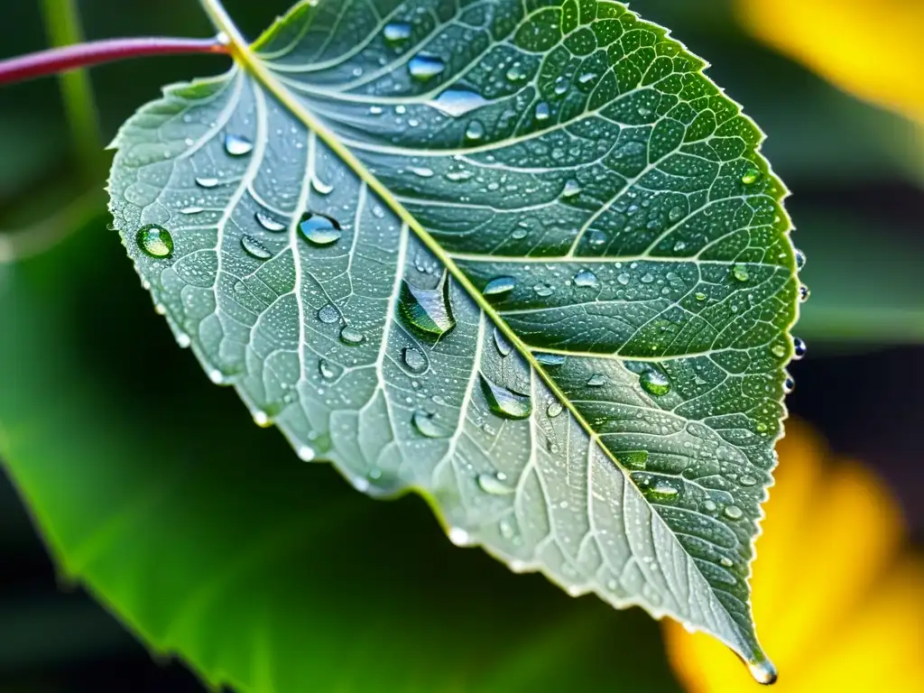 Una hoja verde vibrante cubierta de gotas de agua, con luz solar creando un juego de sombras y reflejos