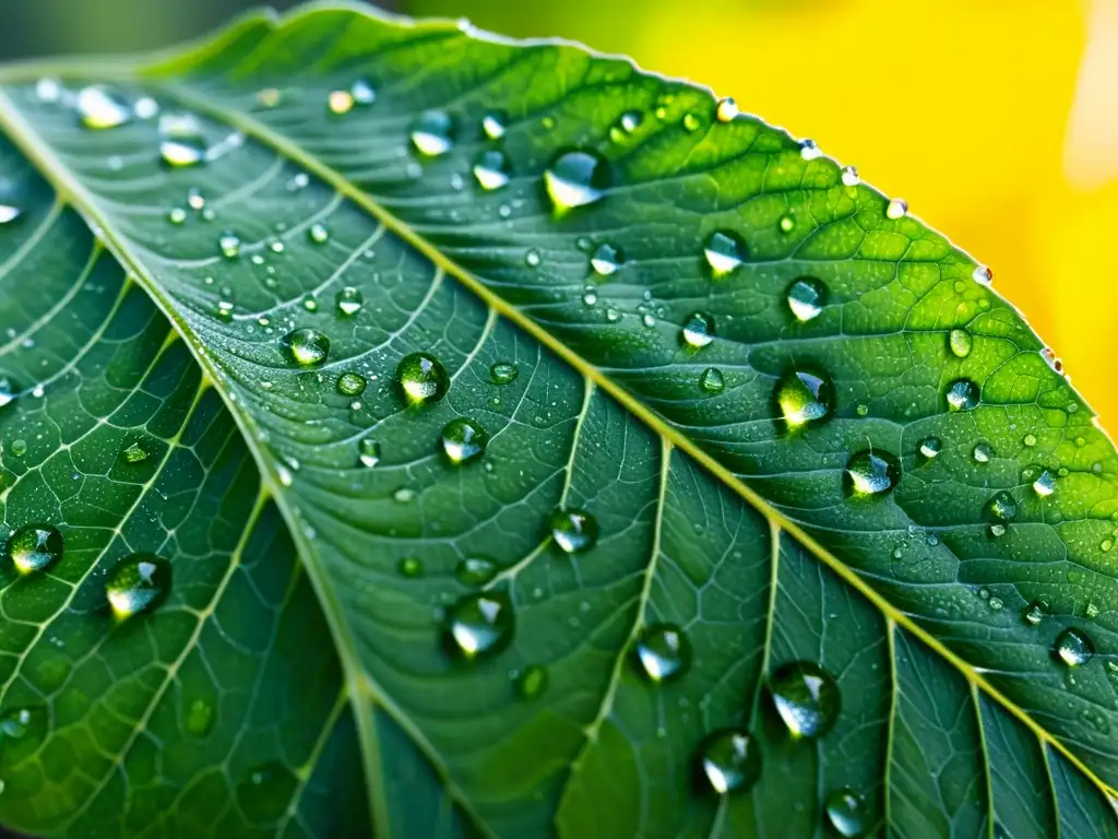 Una hoja verde vibrante cubierta de gotas de rocío, con luz solar filtrándose a través de las gotas para crear un efecto brillante y etéreo