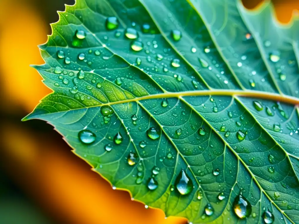 Una hoja verde vibrante cubierta de gotas de agua, iluminada por la suave luz dorada