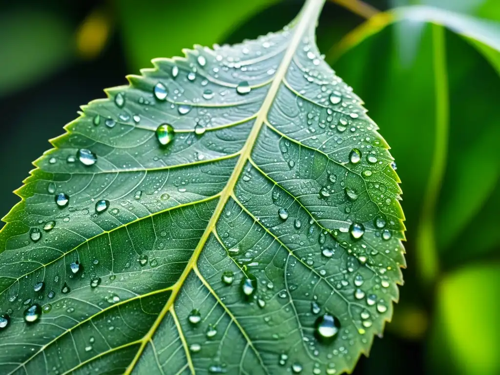 Una hoja verde vibrante cubierta de diminutas gotas de agua, con luz solar creando un espectáculo de colores