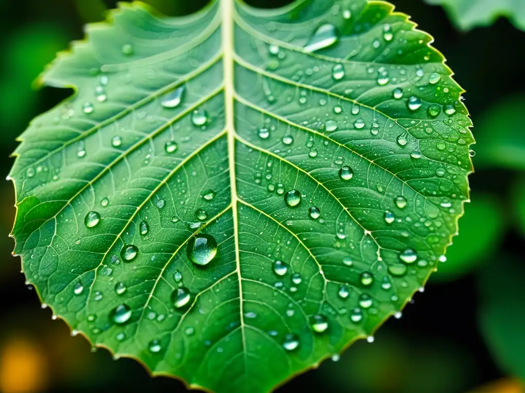 Una hoja verde vibrante cubierta de delicadas gotas de agua, iluminada por suave luz natural