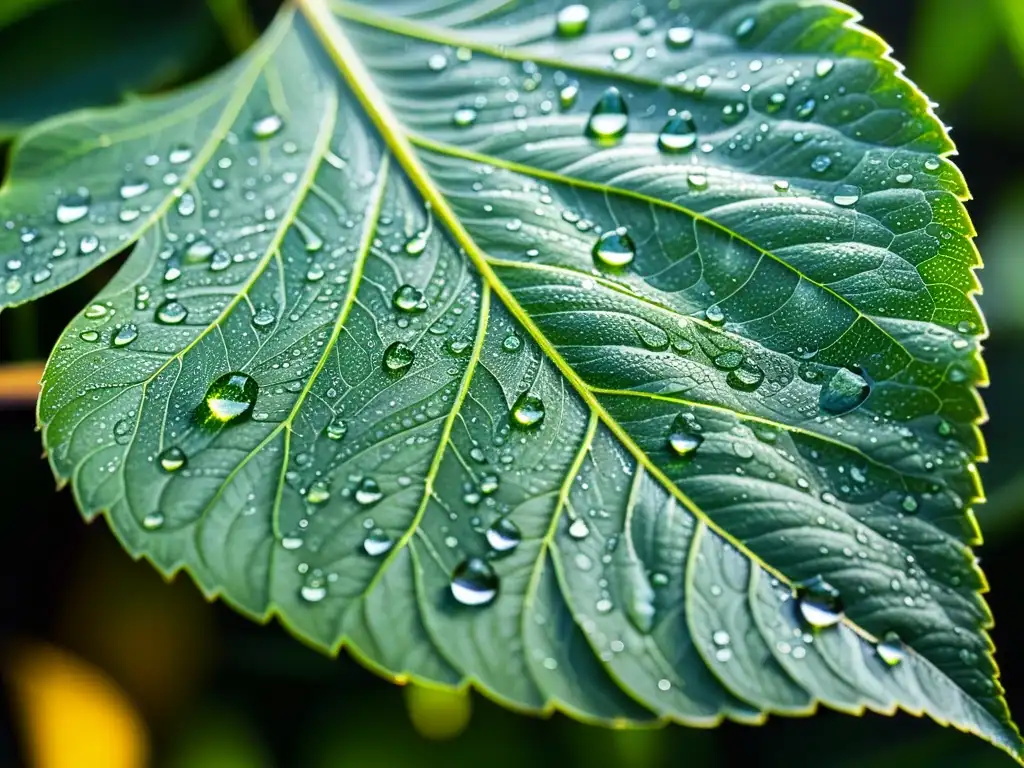 Una hoja verde vibrante cubierta de gotas de agua brillantes, con la luz solar creando patrones de luz y sombra