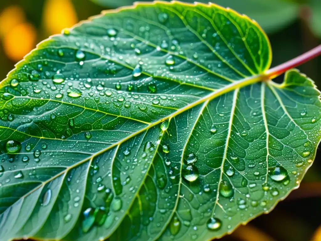 Una hoja verde vibrante cubierta de gotas de agua, con venas visibles y minerales brillantes, que fortalecen el sistema inmunológico de la planta