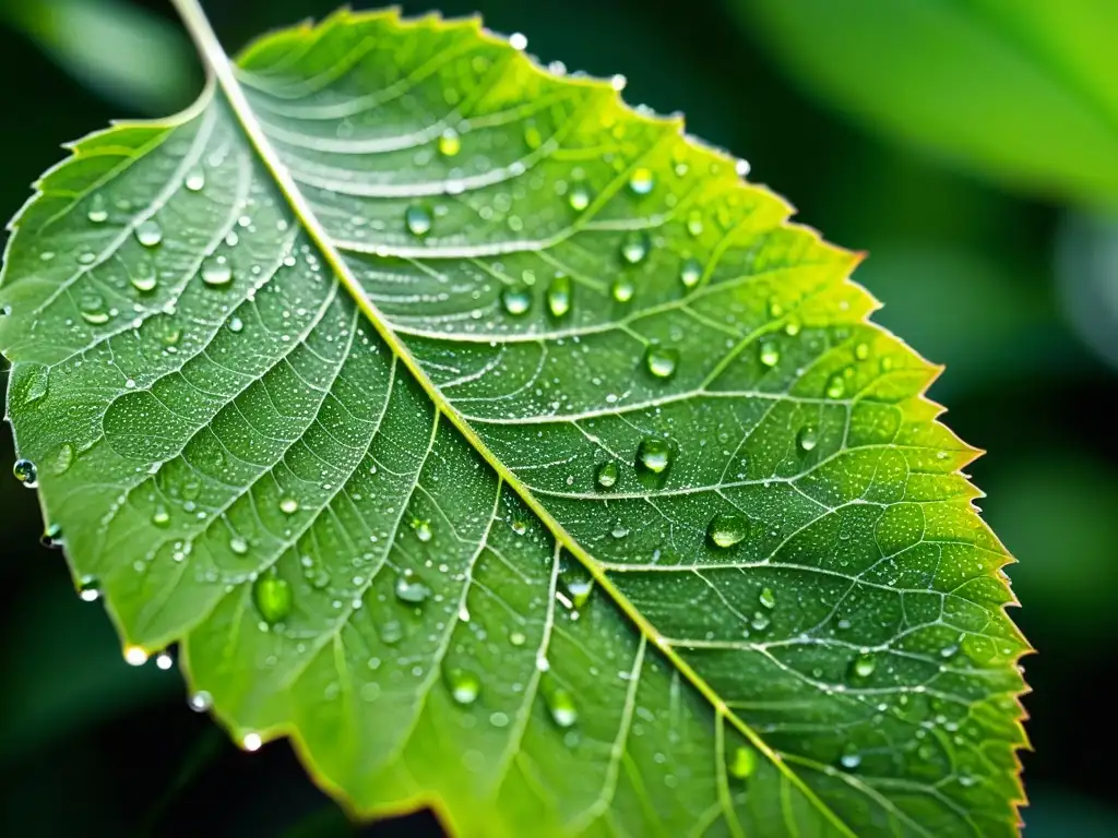 Una hoja verde vibrante cubierta de delicadas gotas de agua, iluminada por suave luz solar