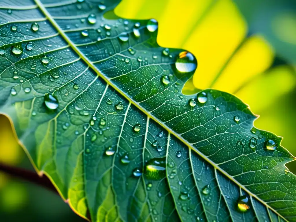 Una hoja verde vibrante cubierta de gotas de agua, con la luz del sol creando un espectro de colores