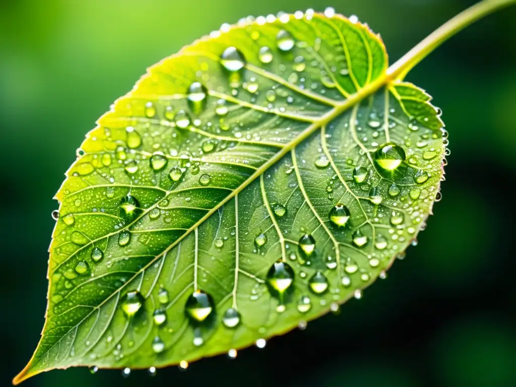 Una hoja verde vibrante cubierta de gotas de agua, con el sol filtrándose a través de las gotas para crear un efecto brillante