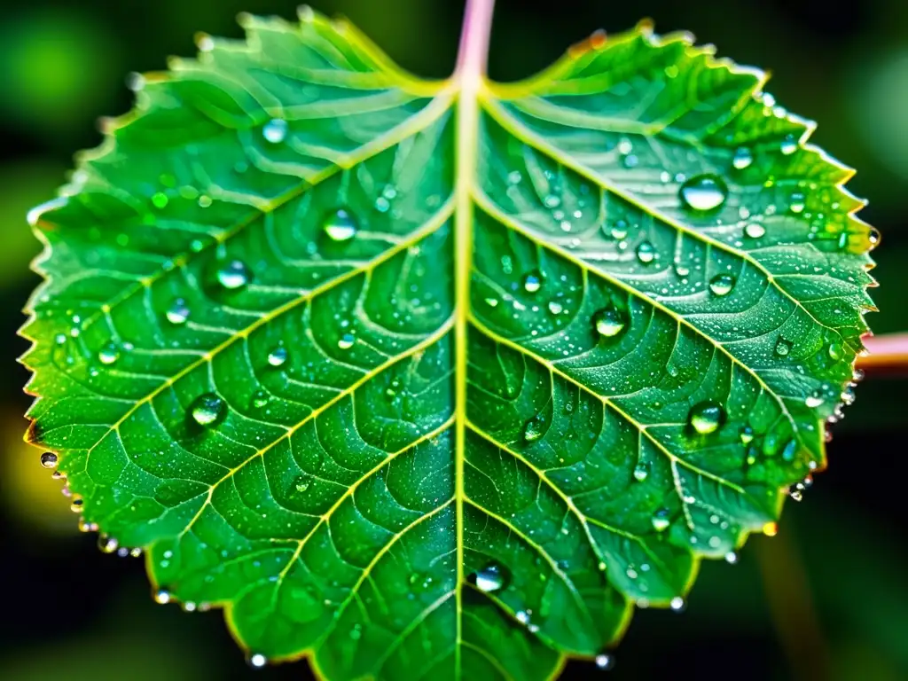 Una hoja verde vibrante cubierta de rocío, iluminada por suave luz solar