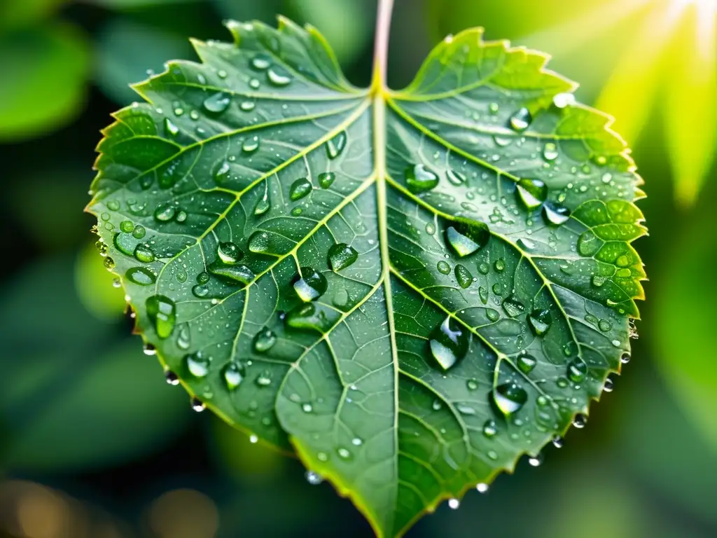 Una hoja verde vibrante cubierta de gotas de agua, reflejando la luz del sol y creando un efecto deslumbrante