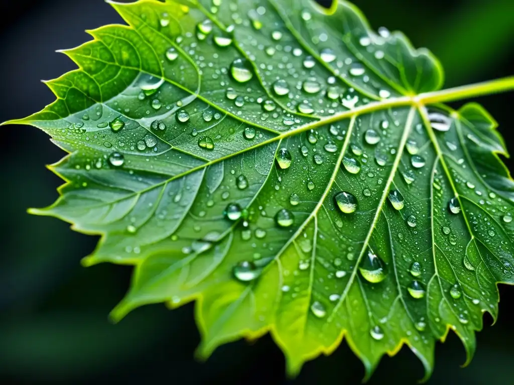 Una hoja verde vibrante cubierta de gotas de agua con reflejos, destacando la belleza natural y los beneficios de meditación en sistema inmunológico