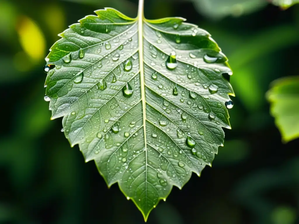 Una hoja verde vibrante cubierta de delicadas gotas de agua, con luz solar filtrándose entre los árboles