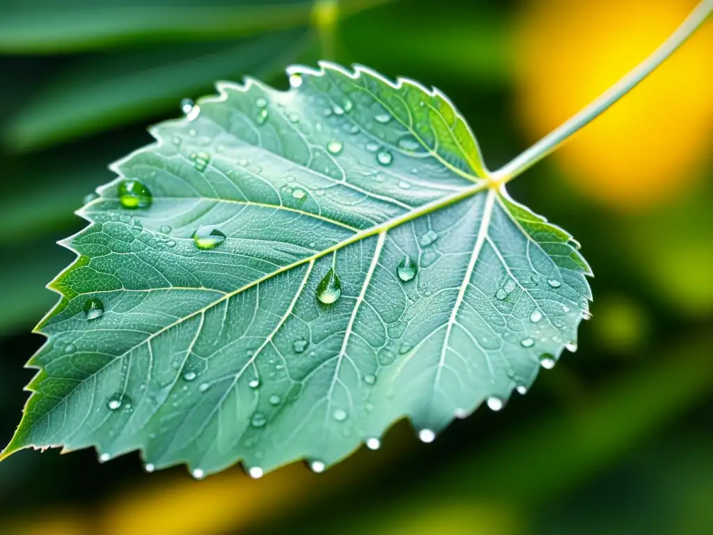 Una hoja verde vibrante con detalles intrincados y gotas de agua, irradiando vitalidad y belleza natural