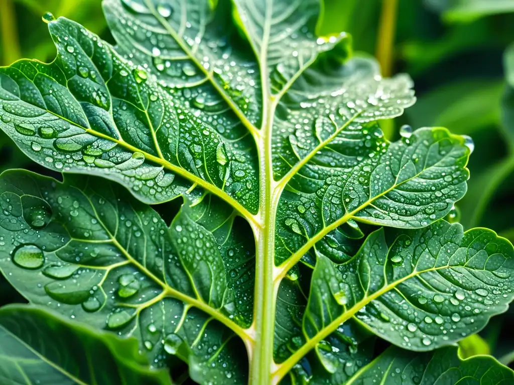 Una hoja verde vibrante con gotas de agua, iluminada por el sol, resalta la importancia del hierro en el sistema inmunológico