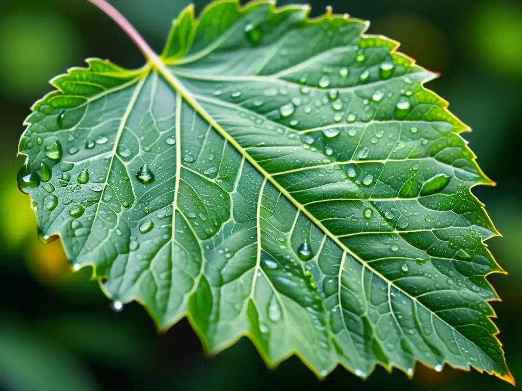 Una hoja verde vibrante con gotas de agua, iluminada por luz natural