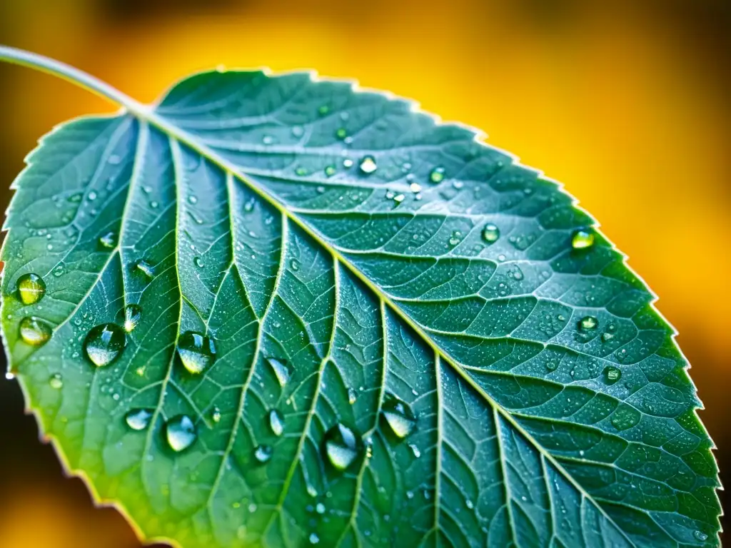 Una hoja verde vibrante con gotas de agua, iluminada por el sol