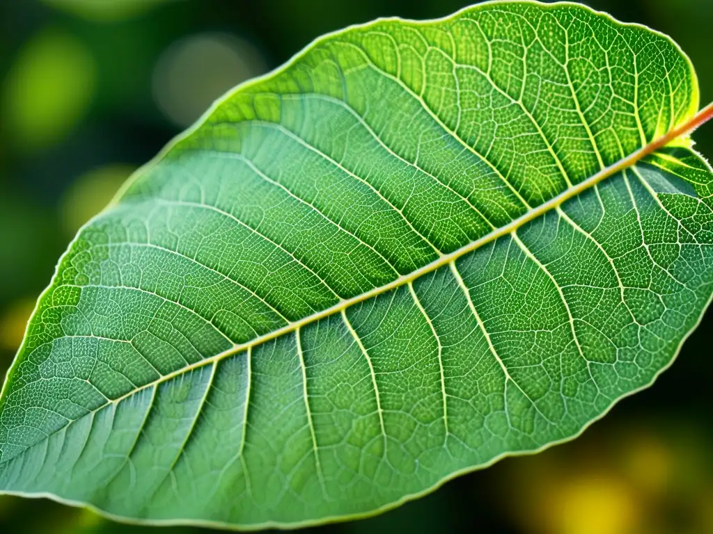 Una hoja verde vibrante llena de vida, con complejas venas en forma de red