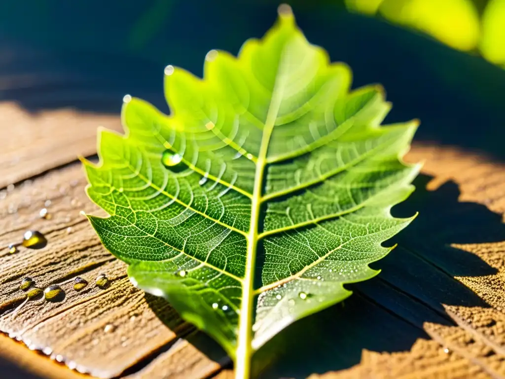 Una hoja verde vibrante con venas intrincadas y gotas de agua, resplandece con luz solar