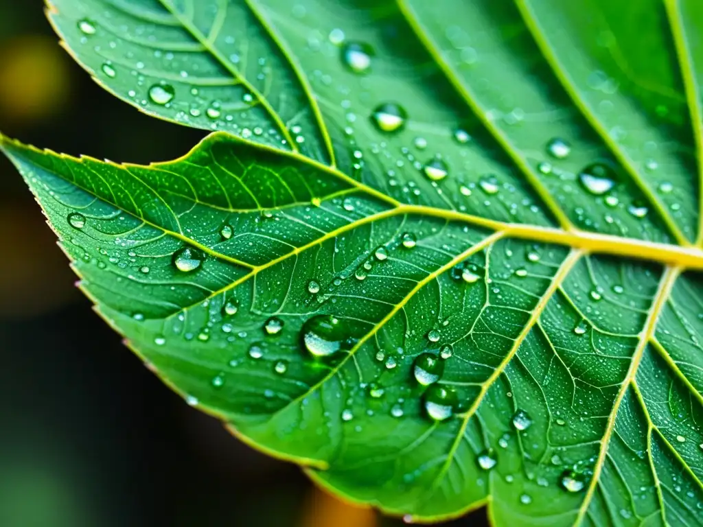 Una hoja vibrante con gotas de rocío, iluminada por luz natural