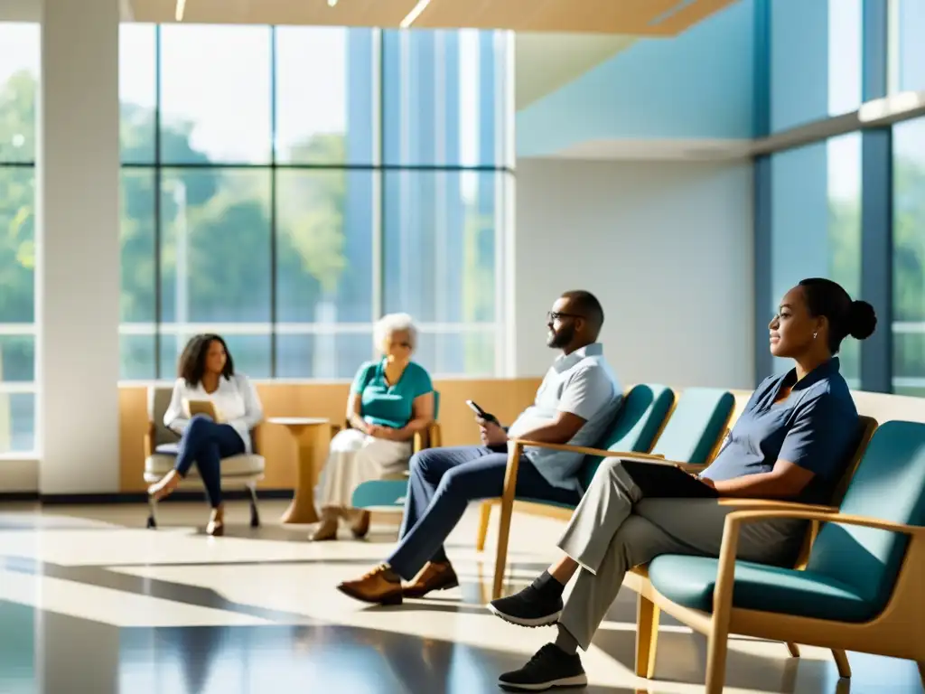 Un hospital moderno con personas diversas en una sala de espera, transmitiendo calma y comodidad