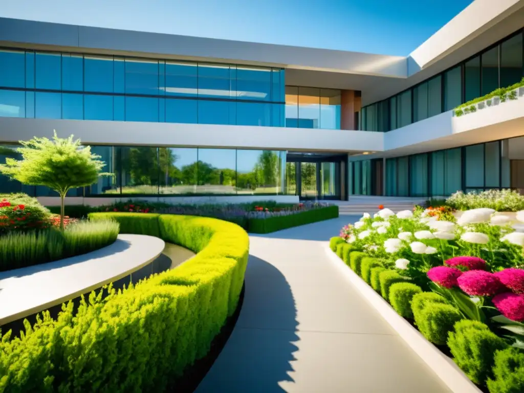 Un hospital moderno y sereno con seguros de salud internacionales mejor cobertura, rodeado de naturaleza y luz cálida