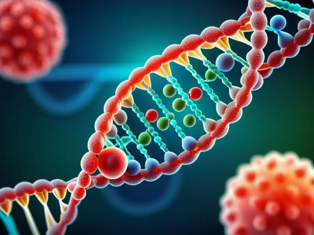 Una ilustración detallada y colorida de una doble hélice de ADN rodeada de células del sistema inmunológico