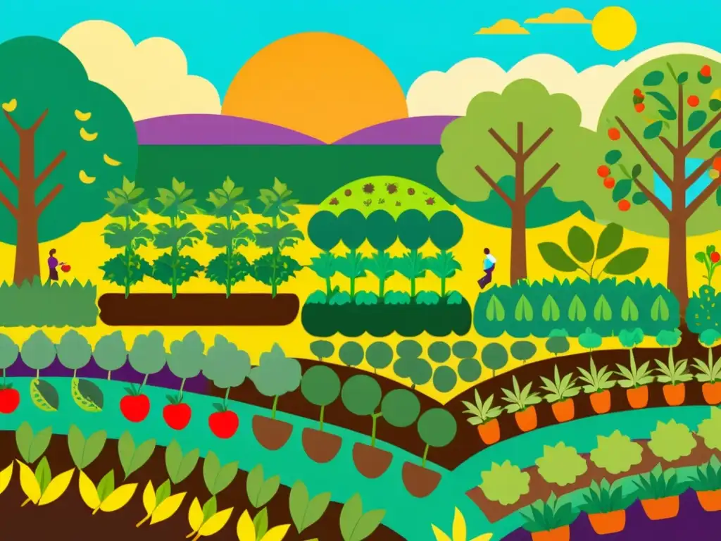 Una ilustración detallada de un vibrante huerto comunitario, con diversidad de frutas, verduras y hierbas creciendo bajo la luz del sol