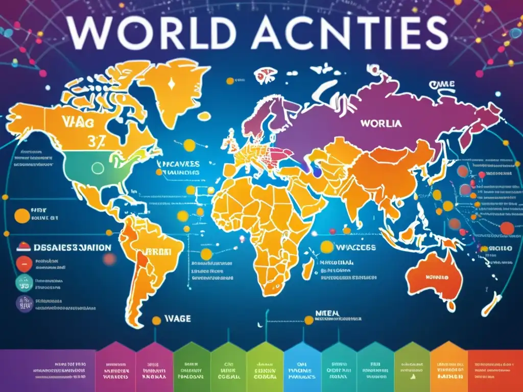 Una ilustración digital detallada del mapa mundial, con colores vibrantes que representan diversas regiones y líneas punteadas que trazan la propagación de enfermedades antes y después de la introducción de vacunas