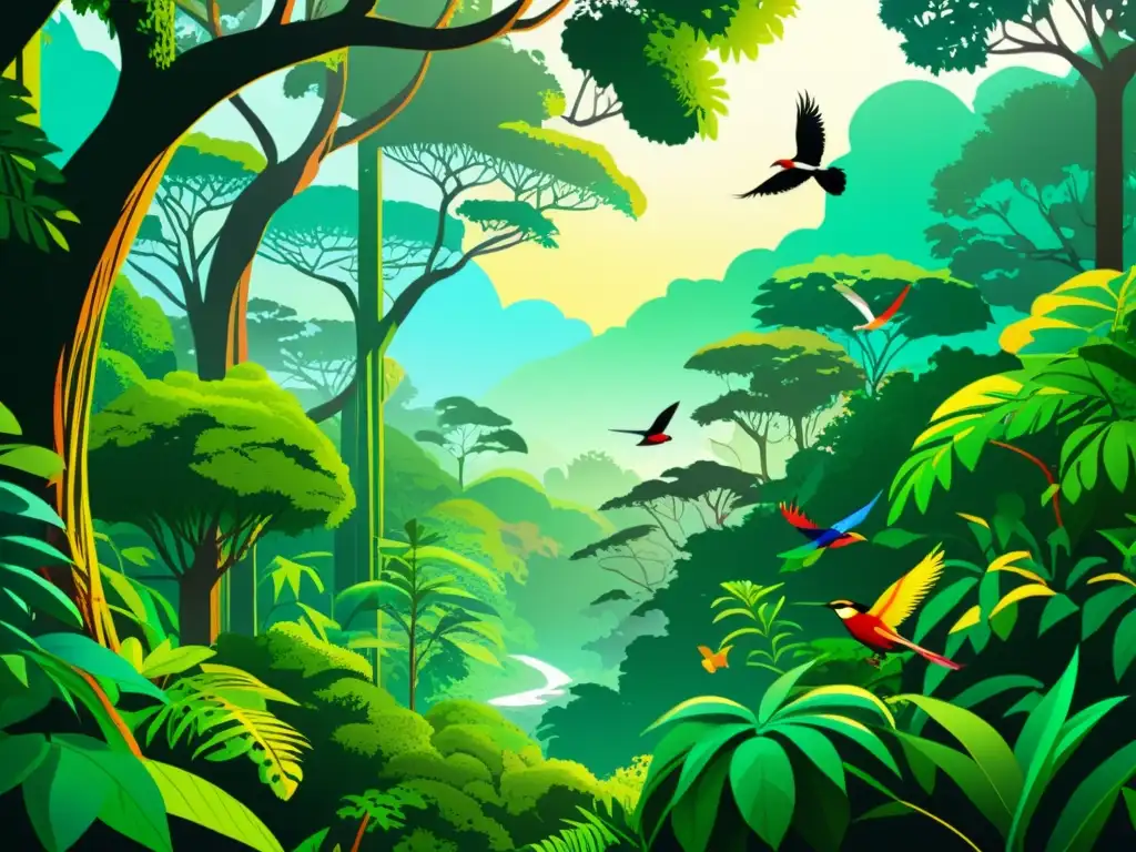 Una ilustración digital impresionante de un exuberante y vibrante bosque tropical, resaltando la importancia de protección salud planetaria