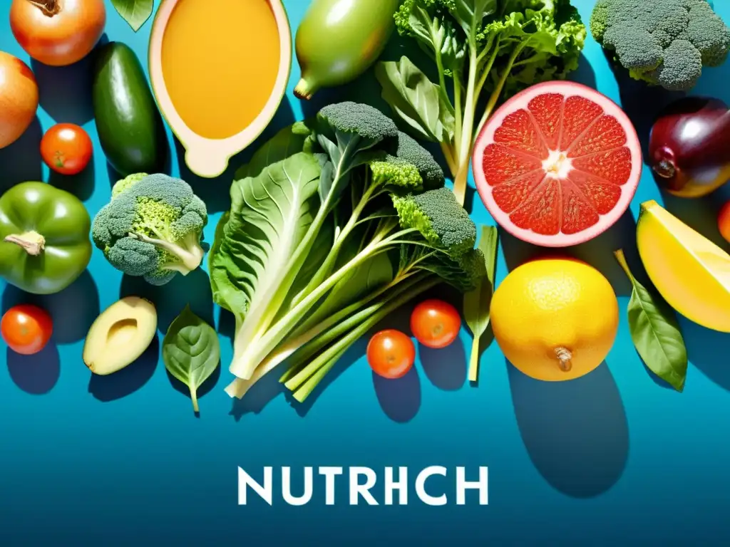 Una ilustración moderna y vibrante de una variedad diversa de alimentos ricos en nutrientes, como frutas, verduras, granos enteros y proteínas magras, en una composición equilibrada y estéticamente atractiva