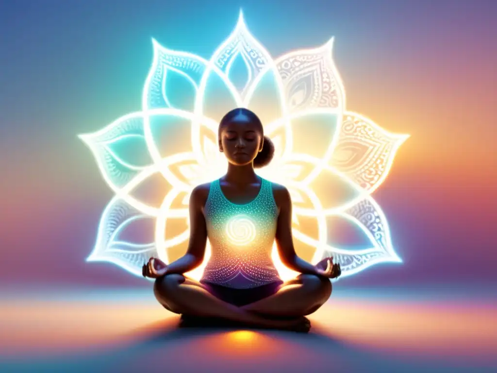 Una ilustración serena y moderna de una persona en meditación, rodeada por una aura de luz brillante y patrones energéticos