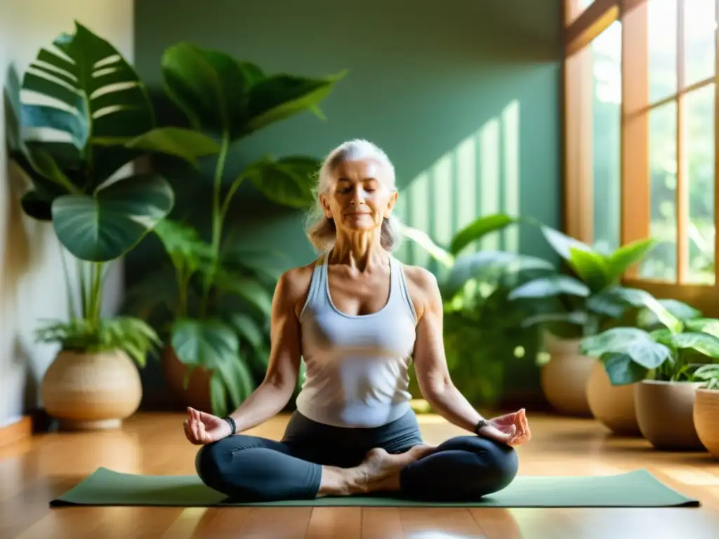 Una imagen de un adulto mayor practicando yoga en un entorno tranquilo y soleado, rodeado de plantas verdes, expresando vitalidad y paz interior