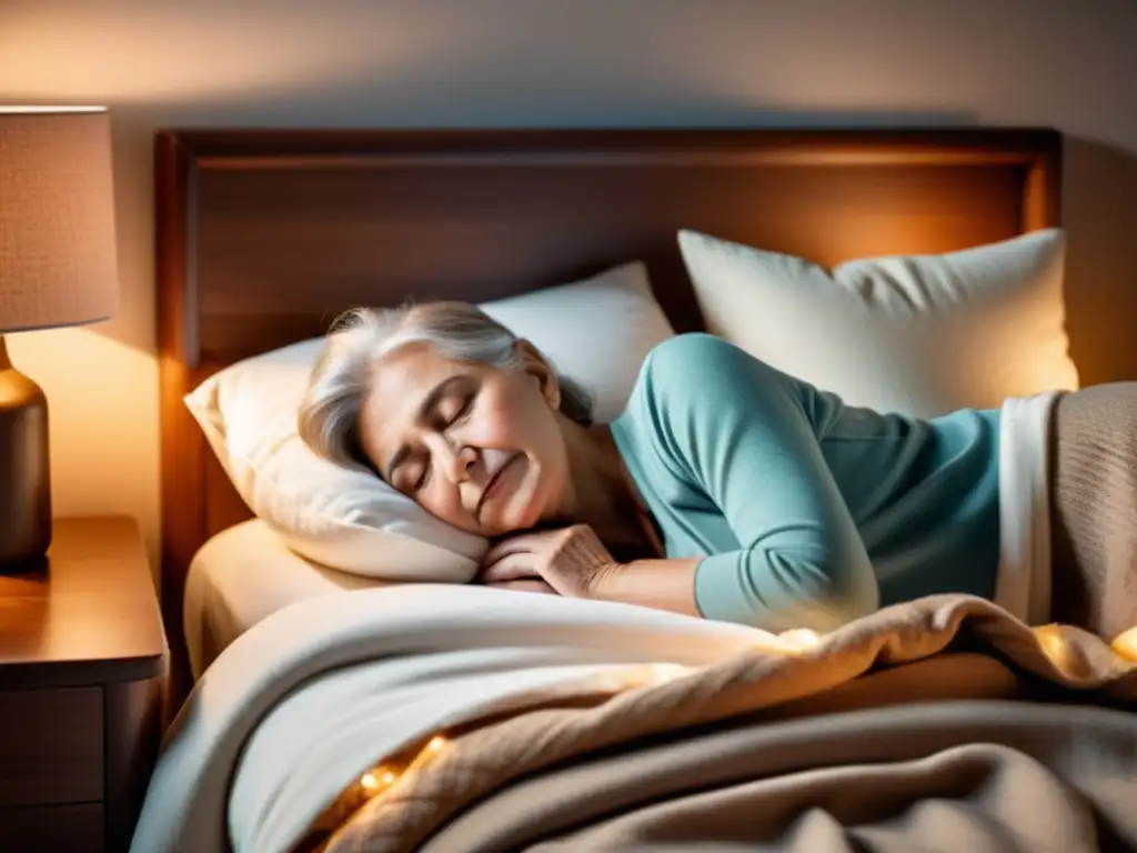 Imagen de un anciano durmiendo plácidamente en una cama acogedora con mantas suaves y almohadas, iluminado por una lámpara cálida