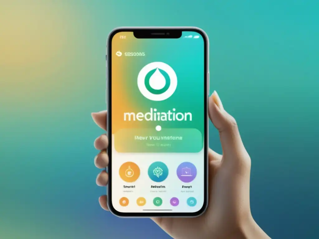 Imagen de una app de meditación personalizable con interfaz moderna y relajante, opciones de sonidos y duración de la meditación