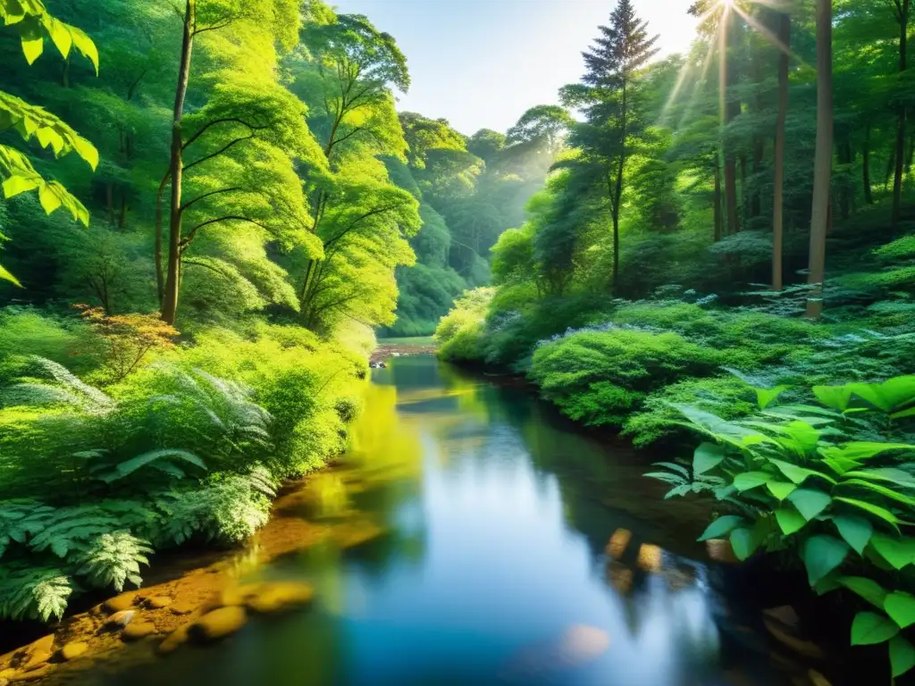 Imagen de un bosque exuberante y sereno, con rayos de sol filtrándose a través del denso dosel e iluminando las hojas vibrantes y la vegetación