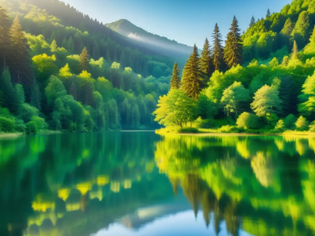 Imagen de un bosque sereno con árboles verdes reflejados en un lago tranquilo