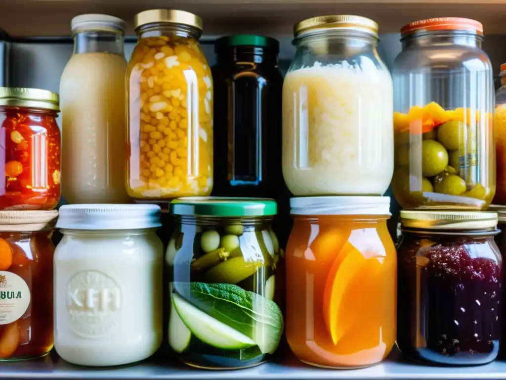 Una imagen detallada de alimentos fermentados de diferentes culturas, resaltando beneficios probióticos de alimentos fermentados