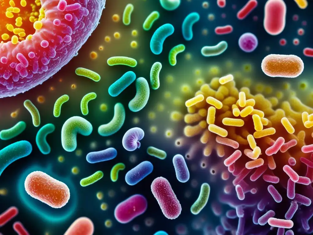 Una imagen detallada de bacterias y microbios coloridos a nivel celular