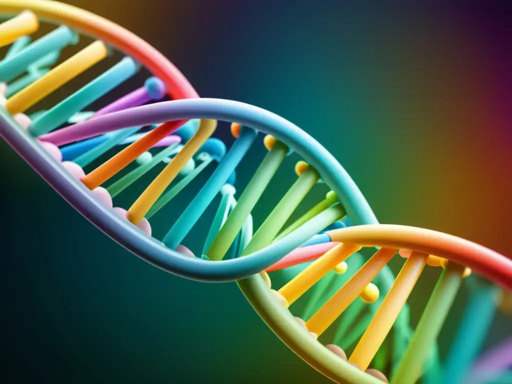 Una imagen 8k detallada de una colorida estructura de doble hélice de ADN, con detalles intrincados de pares de bases de nucleótidos y un diseño moderno y elegante