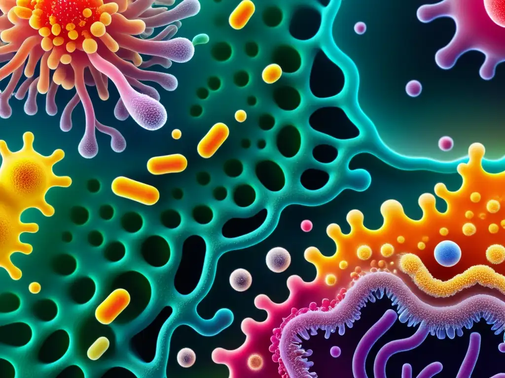 Imagen 8k detallada de un ecosistema vibrante de bacterias beneficiosas, fortaleciendo el sistema inmunológico con colores vivos y vitalidad