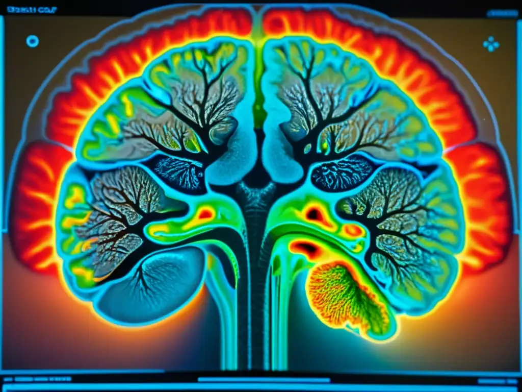 Imagen detallada del escaneo cerebral con actividad en la amígdala y corteza prefrontal, resaltando la compleja interacción entre emociones, cognición y regulación del sistema inmunológico en el Trastorno Límite de Personalidad vulnerabilidad inmunológica