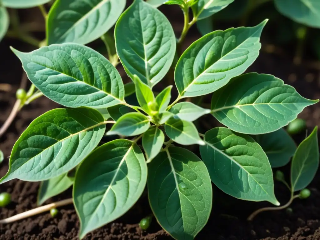 Imagen detallada de una exuberante planta de Ashwagandha con hojas aterciopeladas, rodeada de flores blancas