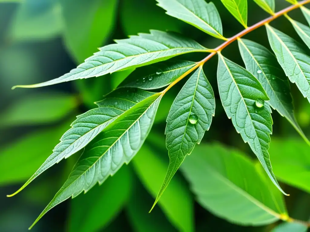 Imagen detallada de hojas frescas de neem con rocío, resaltando su color verde vibrante y venas delicadas