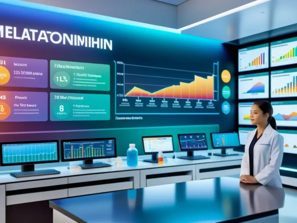 Imagen detallada de laboratorio con científicos investigando beneficios de melatonina en sistema inmune, gráficos coloridos