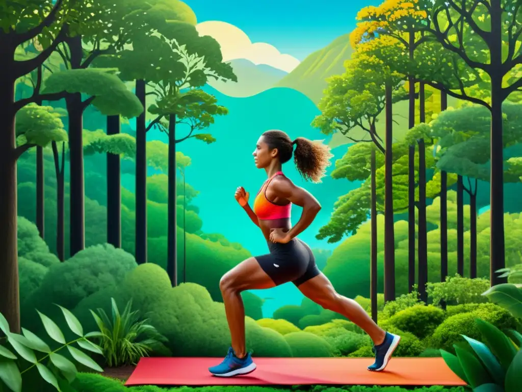 Vitalidad en el bosque: Ejercicio, energía y salud Una imagen detallada de una persona realizando ejercicio físico en un vibrante bosque, transmitiendo vitalidad y energía
