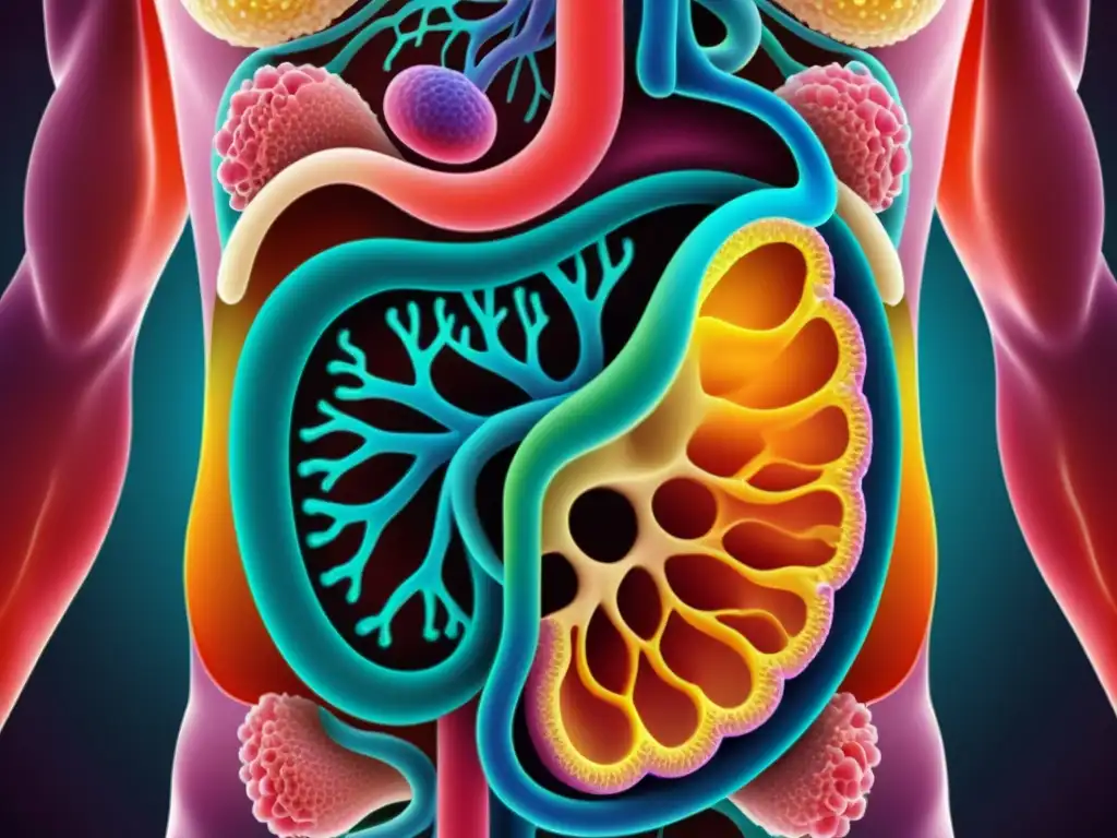 Imagen detallada del sistema digestivo humano, resaltando la armoniosa interacción entre probióticos y prebióticos para promover la salud intestinal