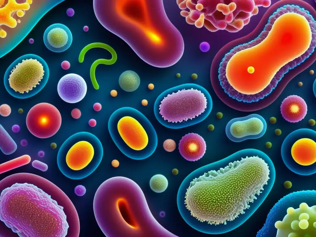 Una imagen detallada muestra una vibrante y diversa comunidad de bacterias intestinales saludables, resaltando la vitalidad y la simbiosis