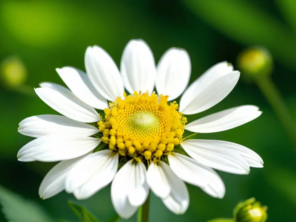 Una imagen detallada y vibrante de una flor de manzanilla, resaltando su belleza natural