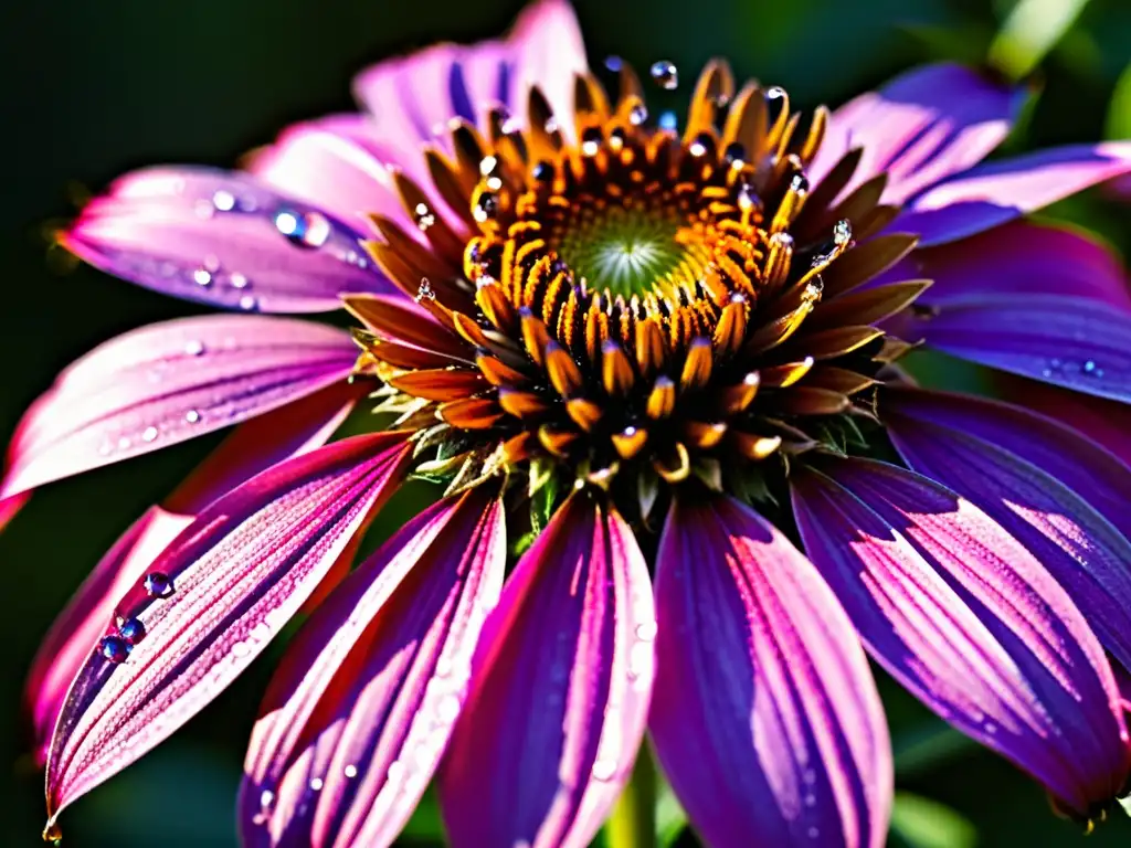 Una imagen detallada de una vibrante equinácea morada con gotas de rocío en sus pétalos, resaltando su belleza natural