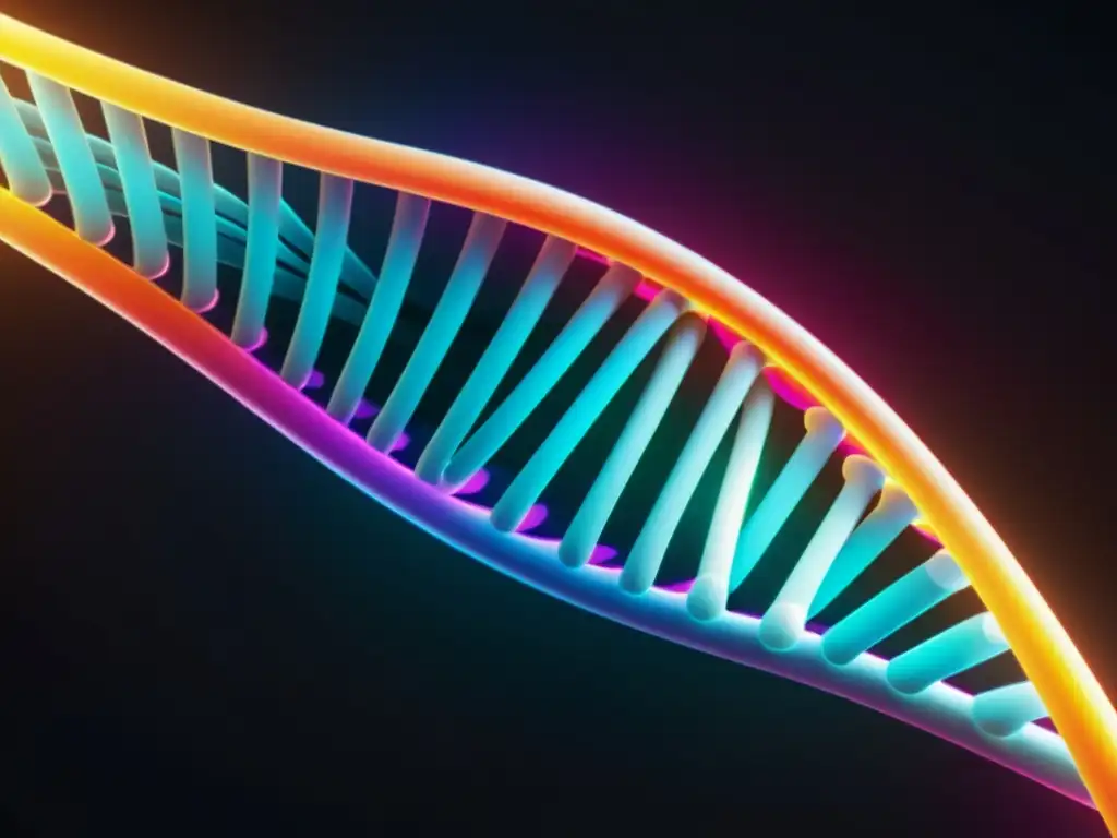 Imagen 8k de una estructura de doble hélice de ADN, con colores vibrantes que representan patrones genéticos y marcadores de Prevención enfermedades inmunológicas hereditarias